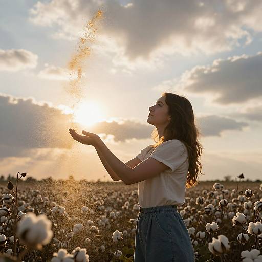 Photograph of a young woman with wavy brown hair, wearing a white shirt and blue high-waisted pants, standing in a sunlit cotton