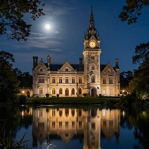 Photograph of a grand, illuminated Gothic-style mansion with a clock tower, reflected in a calm nighttime lake under a full moon.