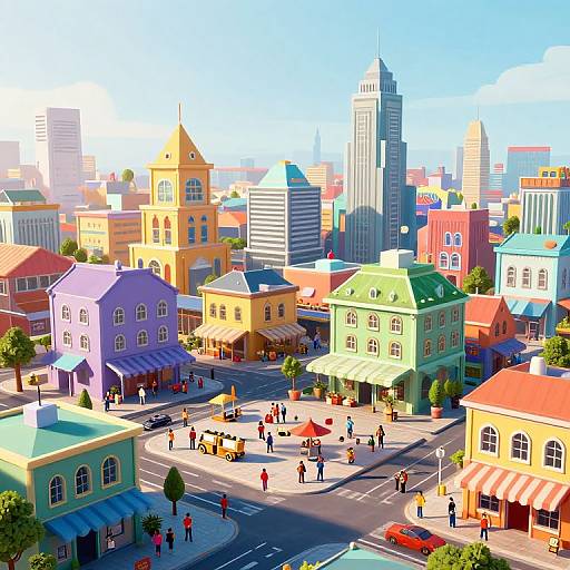 Vibrant digital illustration of a colorful, bustling city square with diverse buildings, pedestrians, cars, and tall skyscrapers in the background.