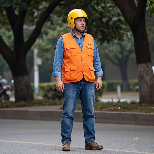 Construction Worker on Tree-Lined Street