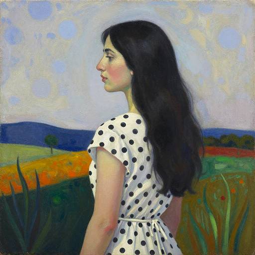 Contemplative Polka-Dot Woman in Landscape
