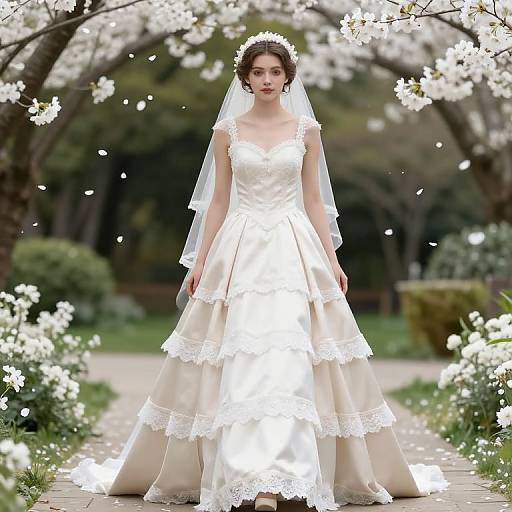 Photograph of a fair-skinned bride in a white, lace-trimmed, multi-layered wedding dress with veil, standing in a blooming