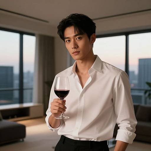 Photograph of an attractive Asian man with short black hair, wearing a white dress shirt, holding a glass of red wine, standing in a modern,