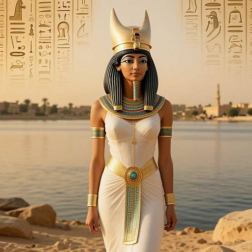Photorealistic CGI of an Egyptian woman in a white dress and golden headdress with blue-striped hair, standing on sandy riverbank with ancient hierog
