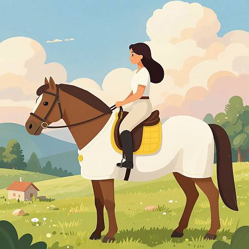 Digital illustration of a woman with black hair riding a white horse with a brown mane and tail in a sunny, grassy field. House and trees in