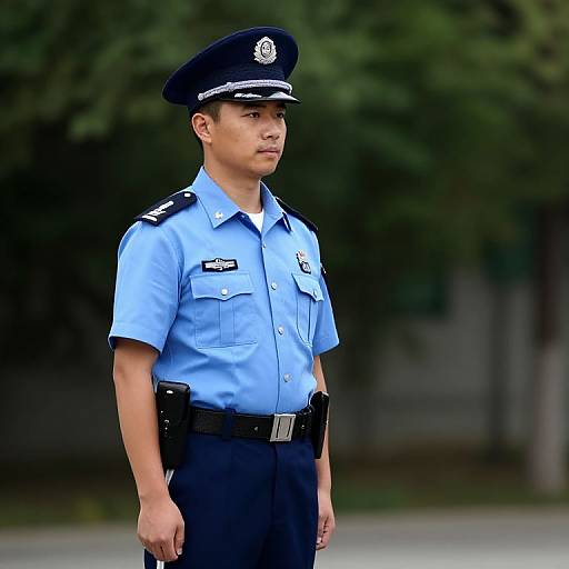 Photograph of a young male police officer in light blue uniform, dark pants, and cap, standing outdoors with trees in the background.