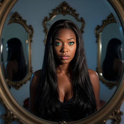 Photograph of a dark-skinned woman with long black hair, green eyes, and a serious expression, framed by ornate mirrors in a dimly