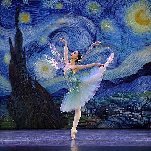 Photograph of a ballerina in a sparkling blue tutu with transparent wings, performing a high split on stage, against a vivid, swirling Star