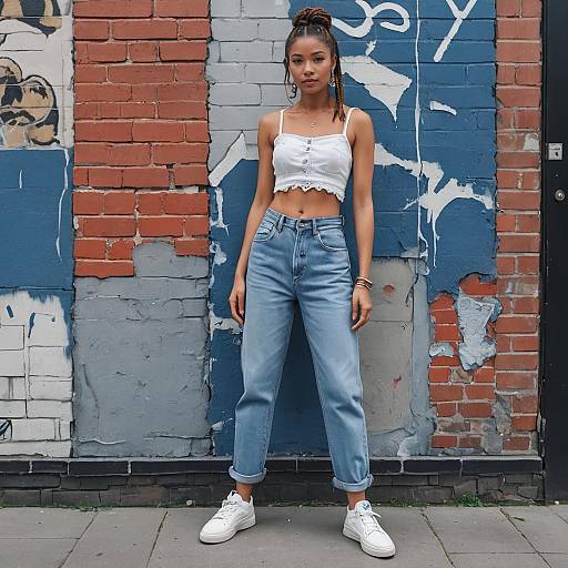 Woman in Low-Rise Baggy Jeans Against Urban Mural