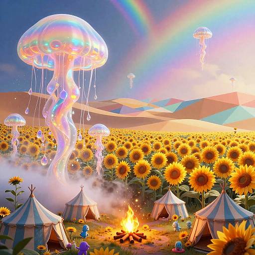 Surreal Dreamscape with Jellyfish and Sunflowers