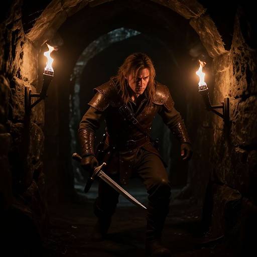 Photograph of a fierce warrior with long brown hair, wearing black leather armor, holding a sword, illuminated by torches in a dark, stone-