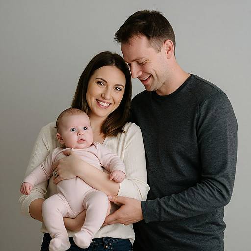Photograph of a smiling Caucasian couple with dark hair, holding a baby in pink clothes, against a plain gray background. Father wears dark sweater, mother