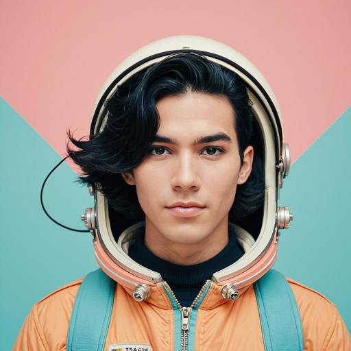 Young Man in Retro Space Helmet and Pastel Clothing