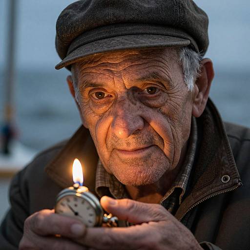 Photograph of an elderly man with wrinkled skin, wearing a brown cap and jacket, holding a lit candle close to his face, with a blue