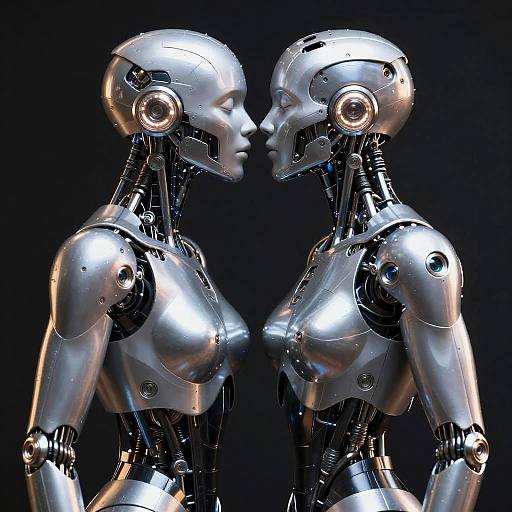 Photorealistic CGI of two silver, humanoid robots with metallic heads and arms, facing each other closely against a black background.