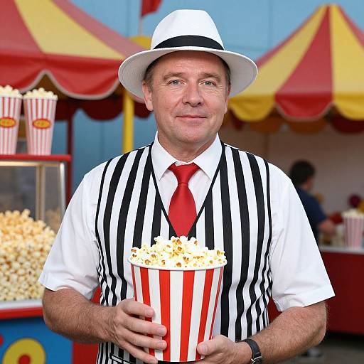 Middle-aged man in white hat, black-and-white striped vest, red tie, holding popcorn bucket, at a colorful carnival with striped tents. Photograph.