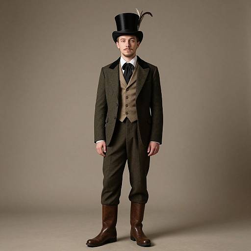 Photograph of a young man in Victorian attire: black top hat with feather, brown three-piece suit, white shirt, black tie, brown boots,