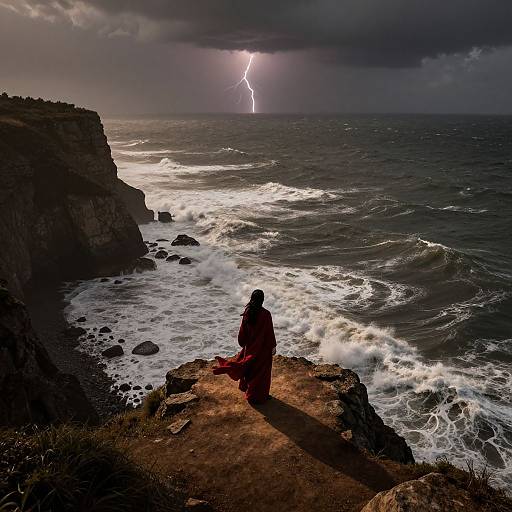 Photograph of a lone figure in a red cloak standing on a rocky cliff, watching a dramatic lightning bolt strike a stormy ocean.
