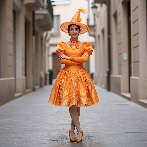 Photograph of a woman in an orange dress and matching hat, standing confidently with arms crossed, in a narrow urban alleyway.