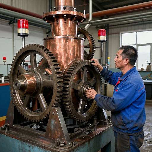 Photograph of an Asian man in a blue jacket adjusting copper gears in a factory, with red-lit machinery in the background.
