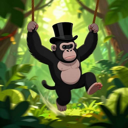 Cartoon monkey in black top hat, hanging from vines in bright, sunlit jungle. Expressing determination, with lush greenery in background. Digital