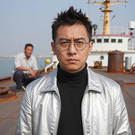 Man in Silver Jacket on Ship Deck