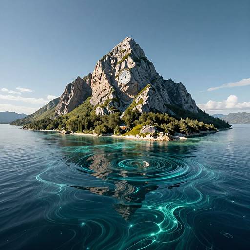 Photograph of a rocky mountain island with dense greenery, calm blue lake, and vibrant turquoise ripples in the foreground.