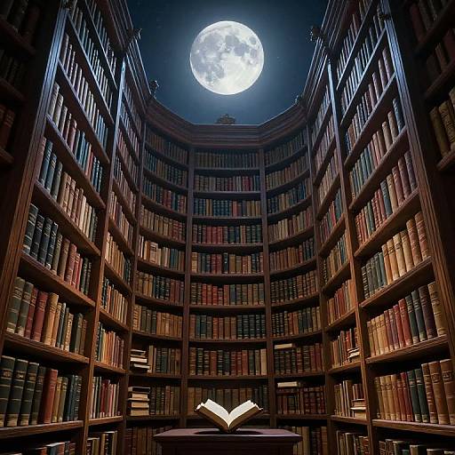 Photograph of a grand, circular library with moonlit full moon above, bookshelves filled with colorful books, and an open book on a table