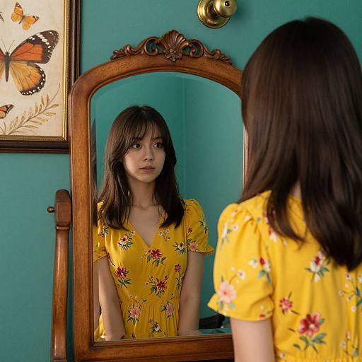 Photograph of an Asian woman with long black hair, wearing a yellow floral dress, standing in front of an ornate wooden mirror, reflecting her thoughtful