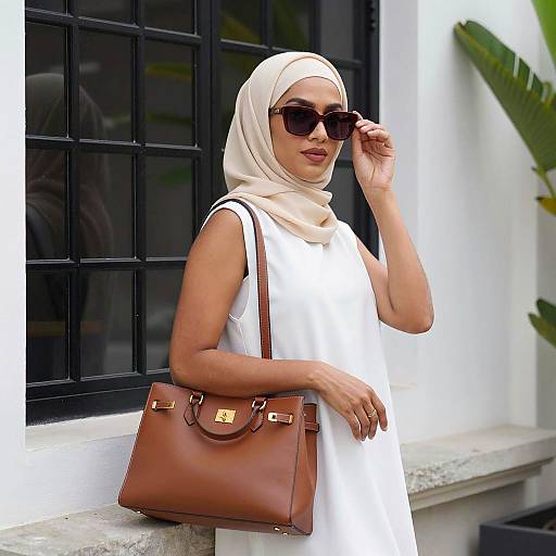 Chic Woman in Beige Hijab by Ledge
