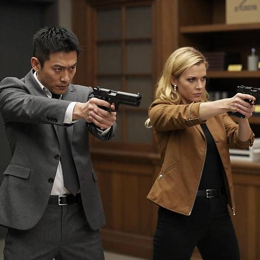 Two agents aiming handguns indoors