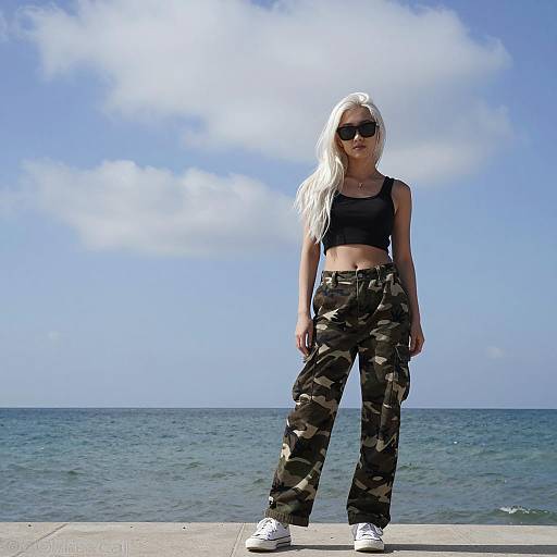 Woman in Camouflage Pants by the Ocean