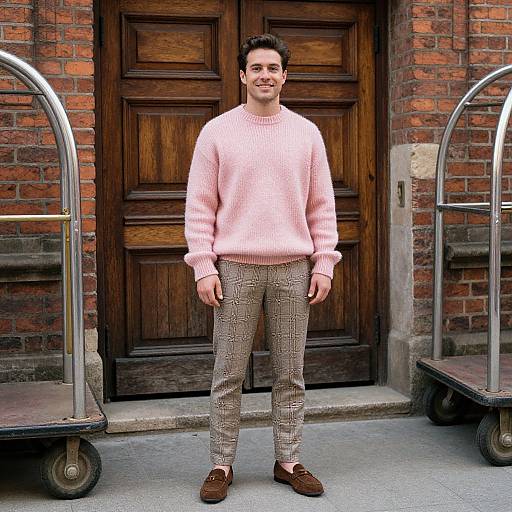 Photograph of a smiling man with dark hair, wearing a pink knit sweater, checkered pants, and brown shoes, standing between two luggage carts in