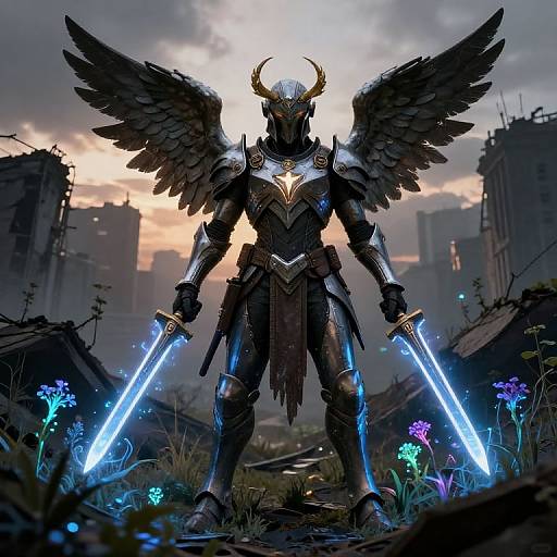 Digital art of a armored, winged warrior with glowing blue swords, standing in a ruined cityscape at sunset, surrounded by glowing flowers.