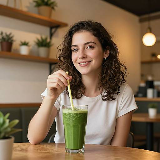 Photograph of a smiling young woman with curly brown hair, wearing a white t-shirt, sipping a green smoothie with a yellow straw in a