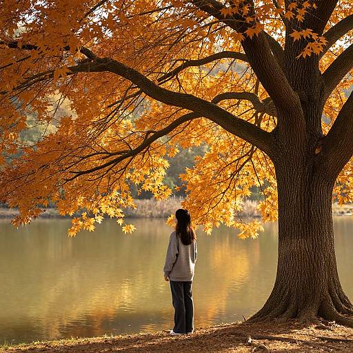 Photograph of a person in a white hoodie standing under an autumn tree with vibrant orange leaves, reflecting in a calm lake.