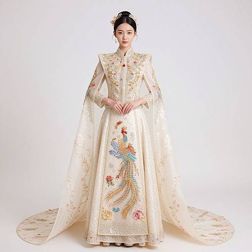 Photograph of an Asian woman in an elaborate, cream-colored traditional wedding gown with intricate floral and bird embroidery, standing against a white background.