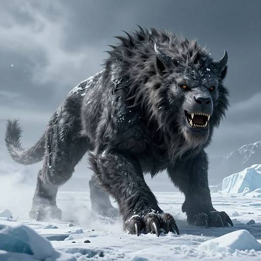 Digital artwork of a fierce, black, snarling werewolf with glowing red eyes, standing in a snowy, icy landscape, with snow-covered mountains