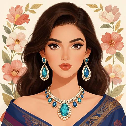 Digital portrait of a beautiful woman with long black hair, brown eyes, and fair skin, wearing blue jewelry and a blue patterned top, surrounded by