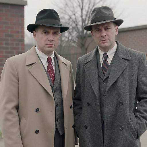 Two Men in 1940s Style Clothing Outdoors