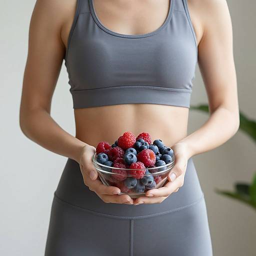 Photograph of a woman in a gray sports bra and matching leggings, holding a clear bowl of mixed berries (raspberries, blueberries) in