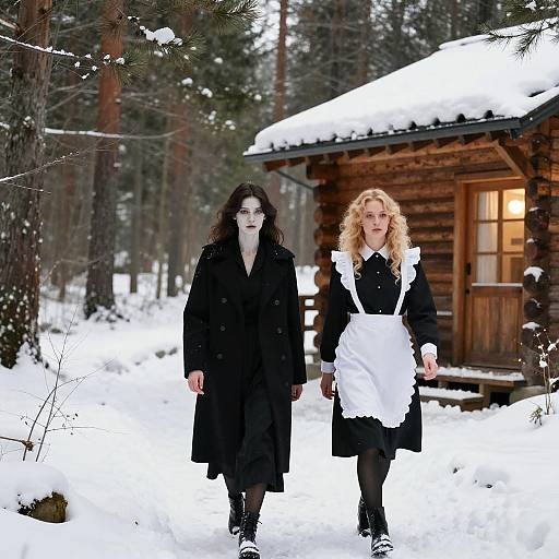 Photograph of two women in black coats; one with dark hair, pale face, and straight coat; the other with blonde curly hair, white apr