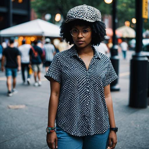 Young Woman in Patterned Shirt and Flat Cap on City Street