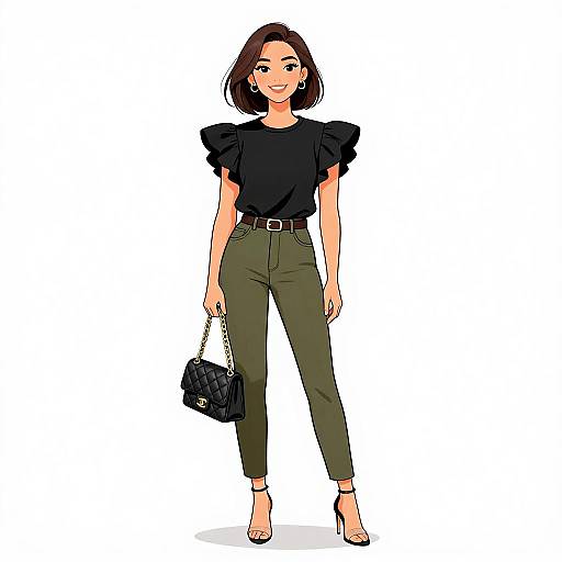 Digital illustration of a smiling woman with short brown hair, wearing a black ruffle top, olive green pants, black belt, and black high heels,
