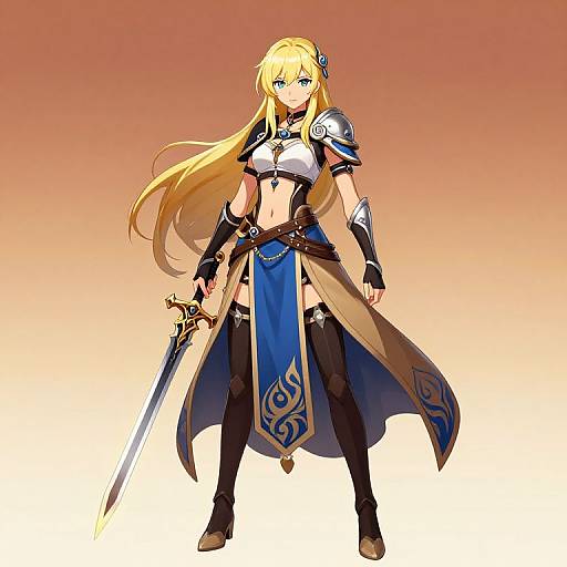 Digital anime-style drawing of a blonde, blue-eyed, female warrior with long hair, holding a sword, wearing armor, and a blue skirt with gold
