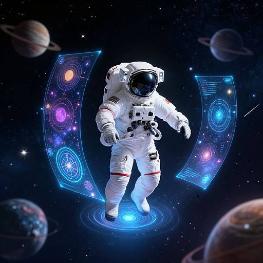 Digital illustration of a white-suited astronaut with a reflective helmet floating in space, surrounded by glowing blue and purple cosmic symbols, with planets in the background