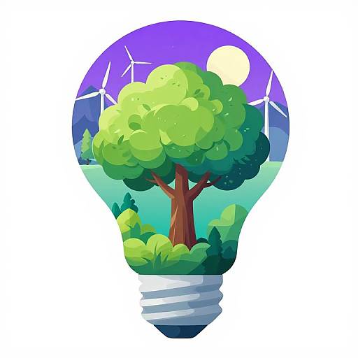 Digital illustration of a light bulb filled with a vibrant green tree, wind turbines, and a sunset, symbolizing eco-friendly energy.
