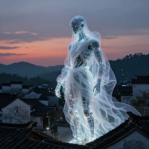 Digital art of a glowing, translucent, ethereal figure with skeletal structure, draped in flowing white fabric, standing on a rooftop at sunset, with a