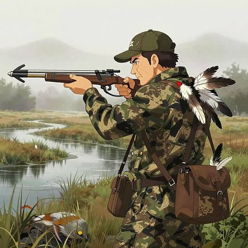 Grizzled Crane Hunter in Foggy Marsh