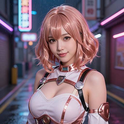 CGI anime-style woman with pink bob, white and gold outfit, large breasts, neon-lit rainy alleyway; futuristic, cyberpunk aesthetic.